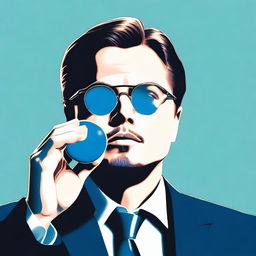 A depiction of Leonardo DiCaprio holding a blue pill, inspired by the famous 'red pill, blue pill' concept from The Matrix