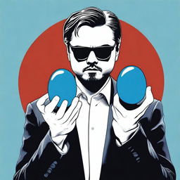 A depiction of Leonardo DiCaprio holding a blue pill, inspired by the famous 'red pill, blue pill' concept from The Matrix