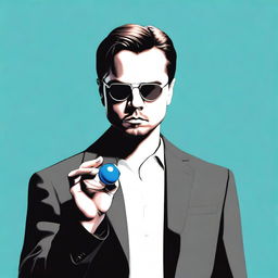 A depiction of Leonardo DiCaprio holding a blue pill, inspired by the famous 'red pill, blue pill' concept from The Matrix