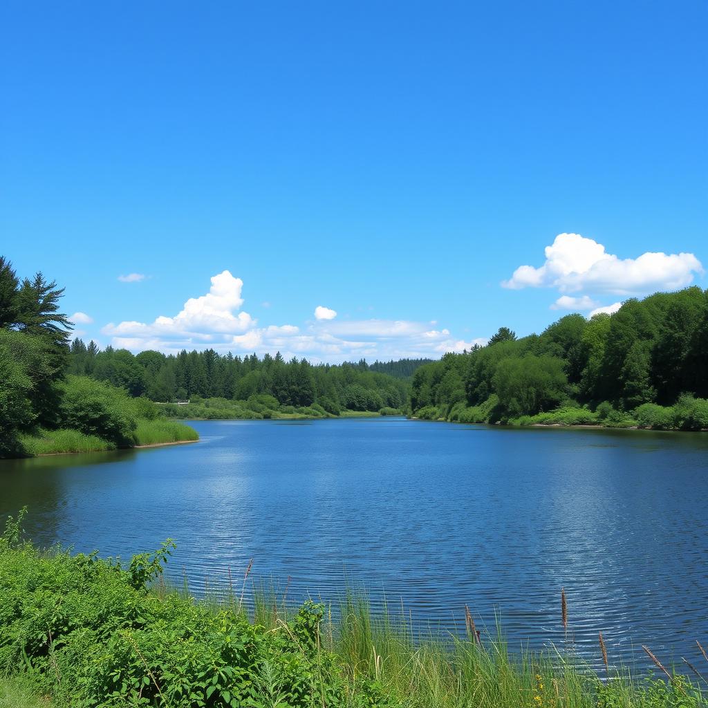 A serene landscape featuring a tranquil lake surrounded by lush greenery, with a clear blue sky and a few fluffy white clouds