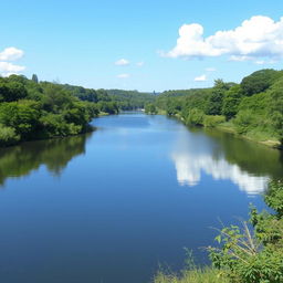 A serene landscape featuring a tranquil lake surrounded by lush greenery, with a clear blue sky and a few fluffy white clouds