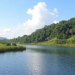 A serene landscape featuring a tranquil lake surrounded by lush greenery, with a clear blue sky and a few fluffy white clouds