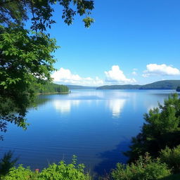 A serene landscape featuring a tranquil lake surrounded by lush greenery, with a clear blue sky and a few fluffy white clouds