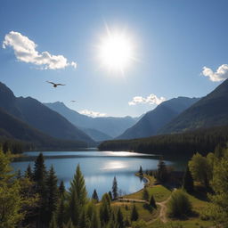 A beautiful landscape featuring a serene lake surrounded by lush green trees and majestic mountains in the background