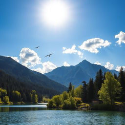 A beautiful landscape featuring a serene lake surrounded by lush green trees and majestic mountains in the background