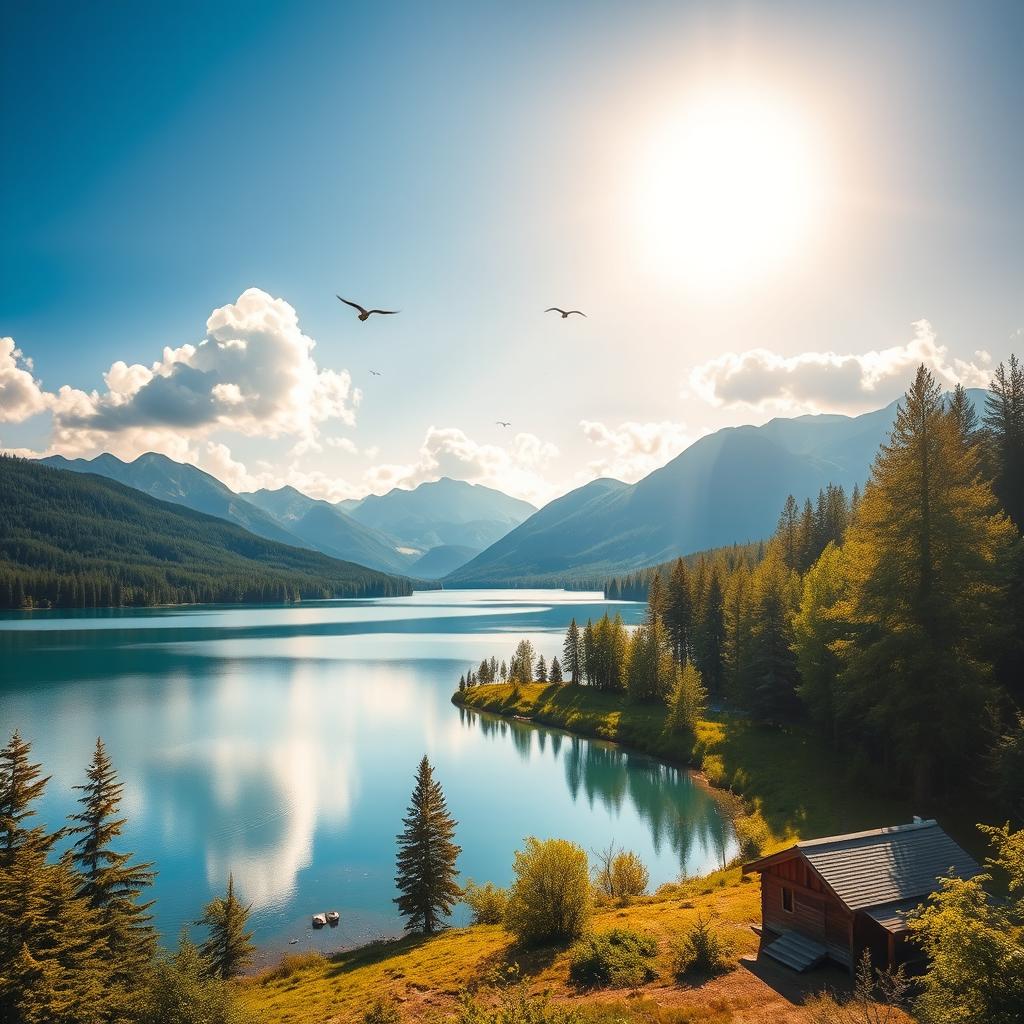 A beautiful landscape featuring a serene lake surrounded by lush green trees and majestic mountains in the background