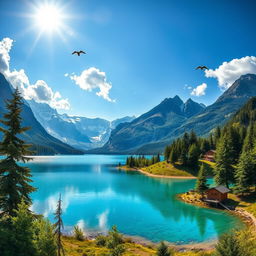 A beautiful landscape featuring a serene lake surrounded by lush green trees and majestic mountains in the background