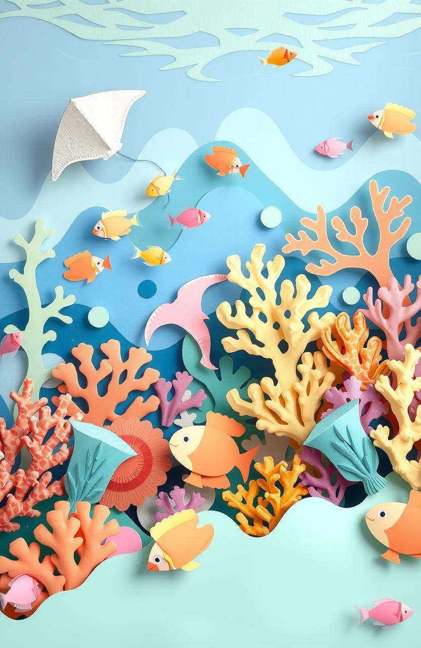 An enchanting underwater coral scene made entirely with pastel-colored cardboard, featuring various corals, marine life, and a sense of depth and serenity