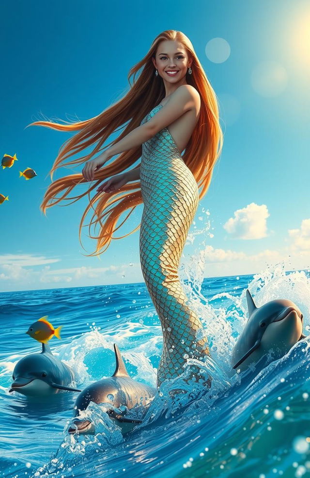 A realistic HD photograph of a beautiful mermaid with long hair and shimmering scales splashing in the ocean waves on a sunny day, surrounded by dolphins and colorful fish