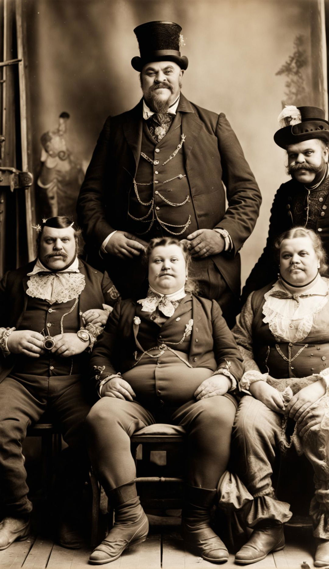 Sepia-toned 1800s photograph featuring circus freak show performers including an incredibly fat man, a tattooed and pierced woman, an ugly bearded woman, a dwarf dressed as a baby, and a man with gigantism.