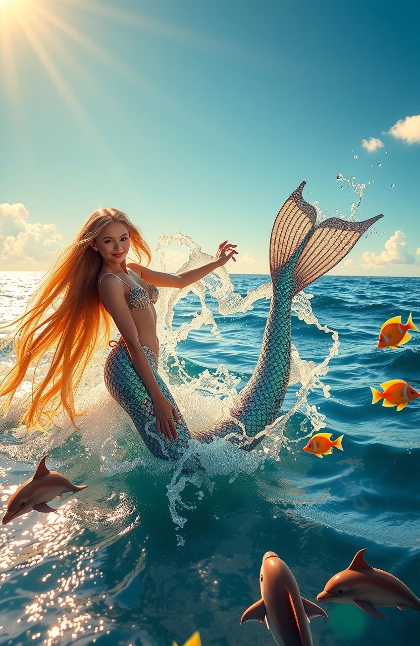 A realistic HD photograph of a beautiful mermaid with an exceptionally beautiful, splashing tail, long hair, and shimmering scales in the ocean waves on a sunny day, surrounded by dolphins and colorful fish