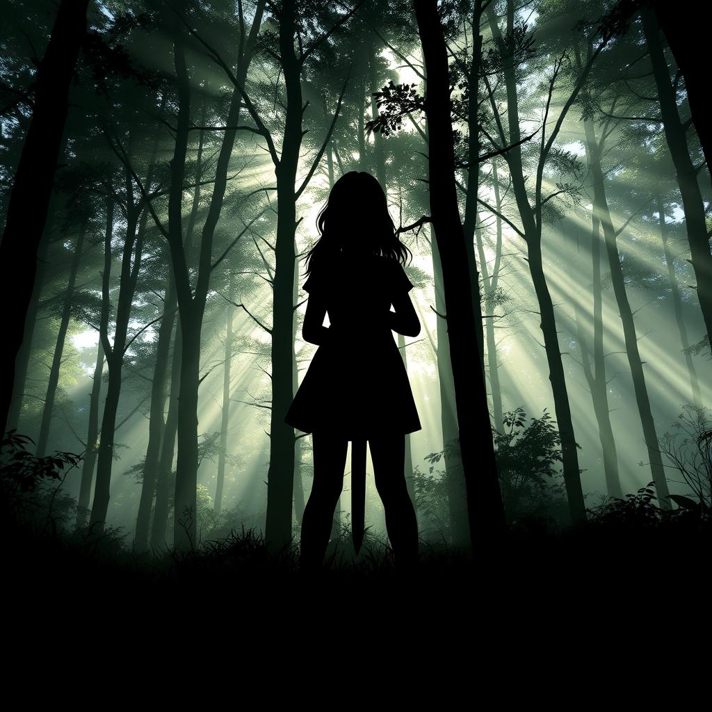 A silhouette of a girl standing in a dense forest, holding a dagger