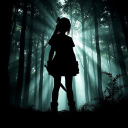 A silhouette of a girl standing in a dense forest, holding a dagger