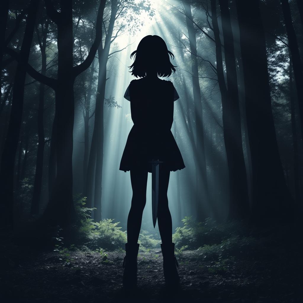 A silhouette of a girl standing in a dense forest, holding a dagger