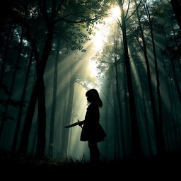 A silhouette of a girl standing in a dense forest, holding a dagger