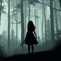 Artwork style silhouette of a girl standing in a dense forest, holding a dagger