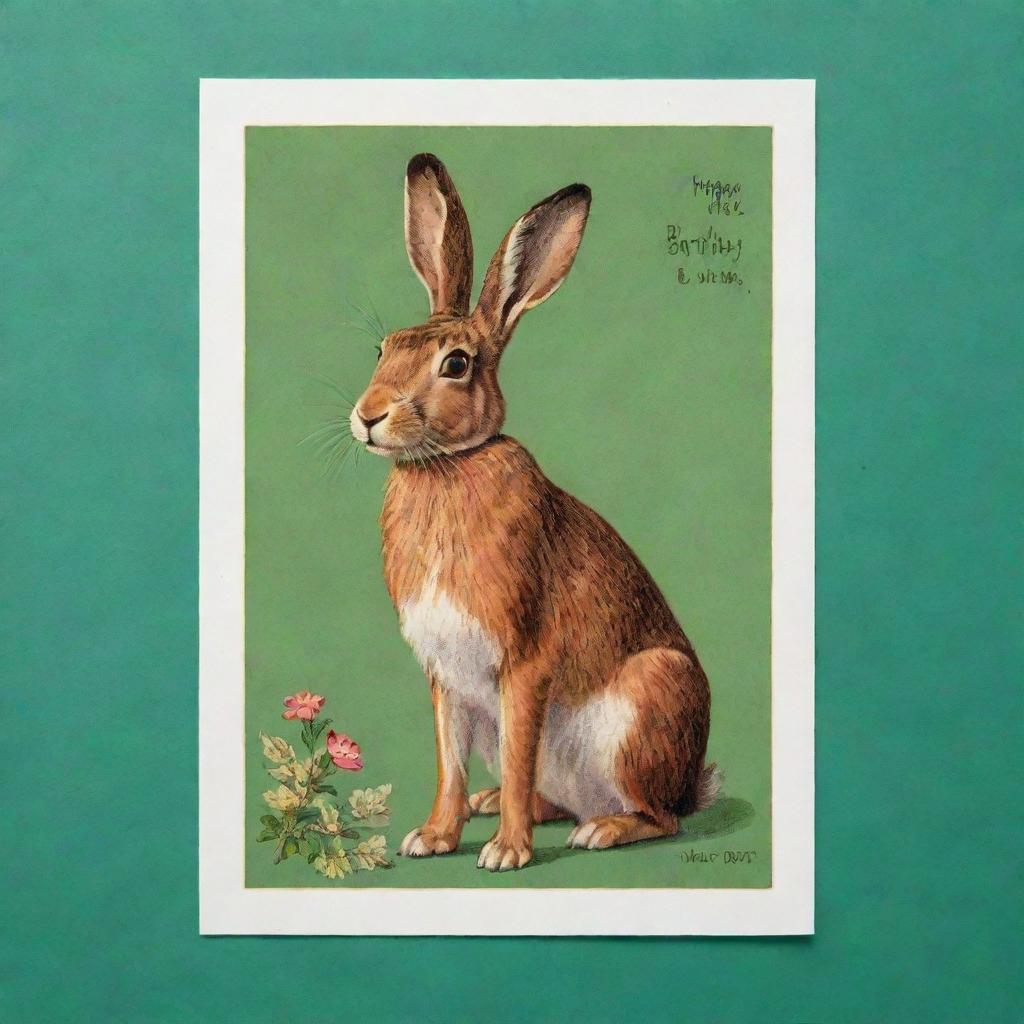 A vintage-style postcard on a vibrant green background, featuring a charming hare in the middle and a festive birthday greeting