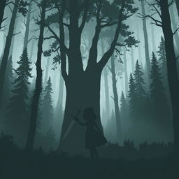 Artwork style silhouette of a girl standing in a dense forest, holding a dagger