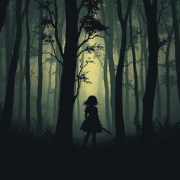 Artwork style silhouette of a girl standing in a dense forest, holding a dagger