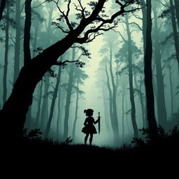 Artwork style silhouette of a girl standing in a dense forest, holding a dagger