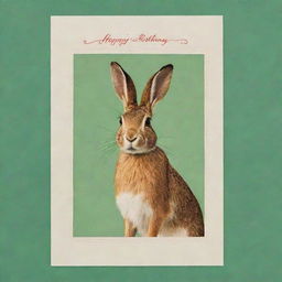 A vintage-style postcard on a vibrant green background, featuring a charming hare in the middle and a festive birthday greeting