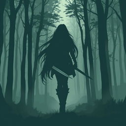 Artwork style silhouette of a woman wearing a tunic and leggings with boots and very long hair, holding a dagger in a dense forest