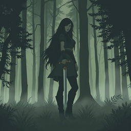 Artwork style silhouette of a woman wearing a tunic and leggings with boots and very long hair, holding a dagger in a dense forest