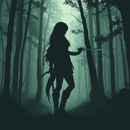 Artwork style silhouette of a woman wearing a tunic and leggings with boots and very long hair, holding a dagger in a dense forest