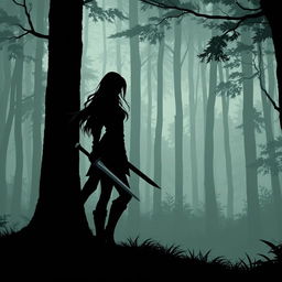 Artwork style silhouette of a woman wearing a tunic and leggings with boots and very long hair, holding a dagger in a dense forest