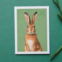 A vintage-style postcard on a vibrant green background, featuring a charming hare in the middle and a festive birthday greeting