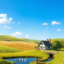 Create an image of a serene countryside landscape featuring rolling hills, a clear blue sky, and a charming little cottage with smoke coming out of the chimney