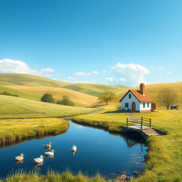 Create an image of a serene countryside landscape featuring rolling hills, a clear blue sky, and a charming little cottage with smoke coming out of the chimney