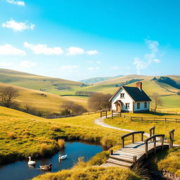 Create an image of a serene countryside landscape featuring rolling hills, a clear blue sky, and a charming little cottage with smoke coming out of the chimney