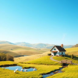 Create an image of a serene countryside landscape featuring rolling hills, a clear blue sky, and a charming little cottage with smoke coming out of the chimney