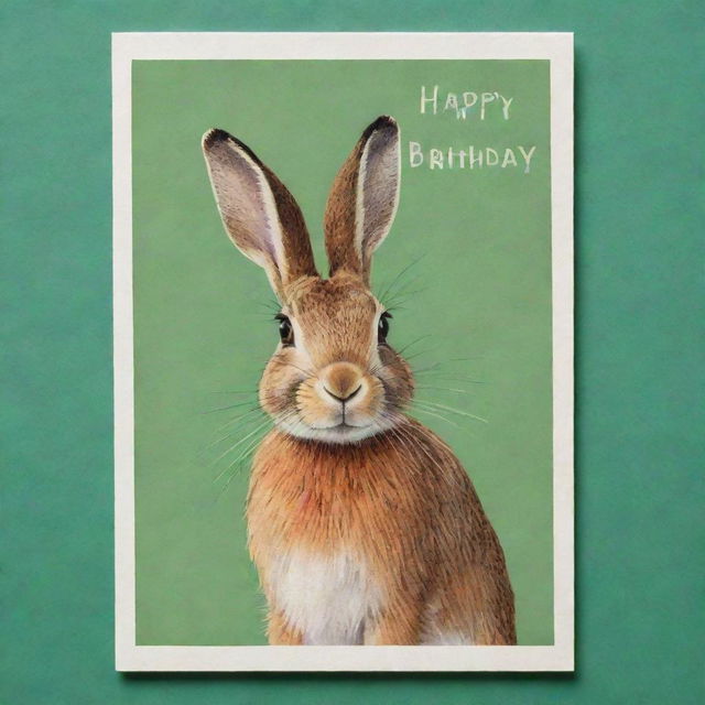 A vintage-style postcard on a vibrant green background, featuring a charming hare in the middle and a festive birthday greeting