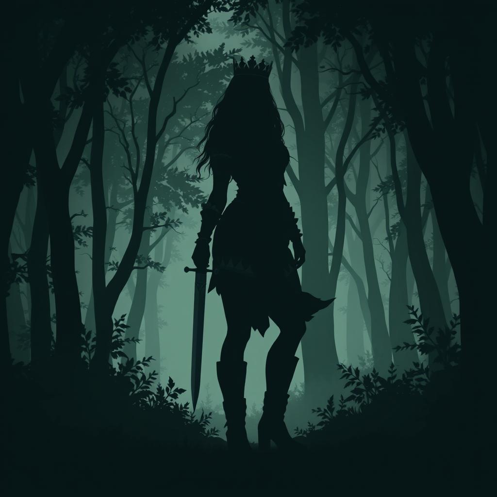 Create an artwork style silhouette of a woman wearing a tunic and leggings with boots, holding a dagger in a forest