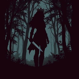 Create an artwork style silhouette of a woman wearing a tunic and leggings with boots, holding a dagger in a forest