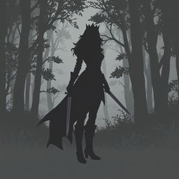 Create an artwork style silhouette of a woman wearing a tunic and leggings with boots, holding a dagger in a forest