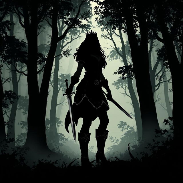 Create an artwork style silhouette of a woman wearing a tunic and leggings with boots, holding a dagger in a forest