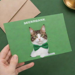 A green postcard featuring the Sberbank logo, a playful cat gracing the center, with cheerful birthday greetings elegantly positioned.