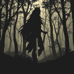 Create an artwork style silhouette of a woman with very long hair, wearing a tunic and leggings with boots and a crown, holding a dagger in a forest