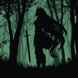 Create an artwork style silhouette of a woman with very long hair, wearing a tunic and leggings with boots and a crown, holding a dagger in a forest