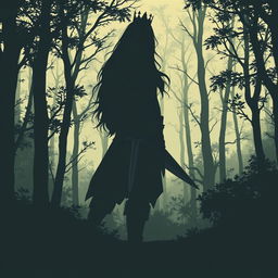 Create an artwork style silhouette of a woman with very long hair, wearing a tunic and leggings with boots and a crown, holding a dagger in a forest