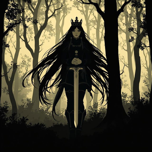 Create an artwork style silhouette of a woman with very long hair, wearing a tunic and leggings with boots and a crown, holding a dagger in a forest