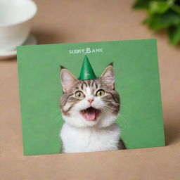 A green postcard featuring the Sberbank logo, a playful cat gracing the center, with cheerful birthday greetings elegantly positioned.