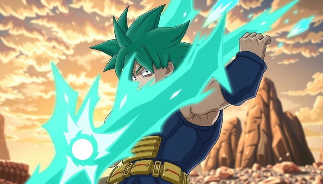 Izuku Midoriya from My Hero Academia as a Dragon Ball Z character, with spiky hair, muscular build, Saiyan battle armor, dynamic action pose, and a glowing energy aura in a Dragon Ball Z universe setting