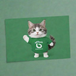 A green postcard featuring the Sberbank logo, a playful cat gracing the center, with cheerful birthday greetings elegantly positioned.