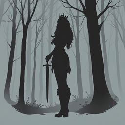 Create an artwork style silhouette of a woman wearing a tunic and leggings with boots and a crown