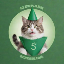 A green postcard featuring the Sberbank logo, a playful cat gracing the center, with cheerful birthday greetings elegantly positioned.