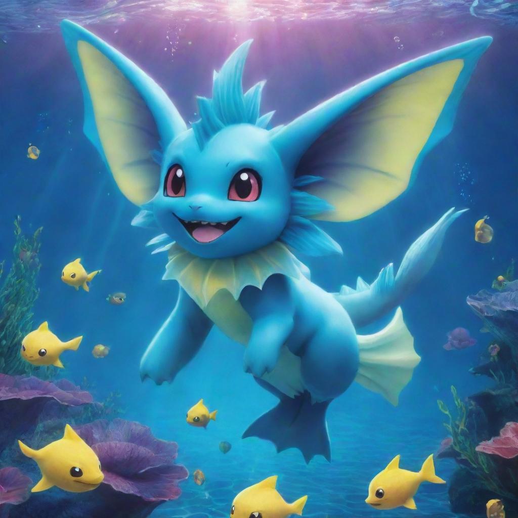 A colorful and vivid portrayal of the Pokemon Vaporeon, in a bright aquatic background, the creature being playful and energetic.